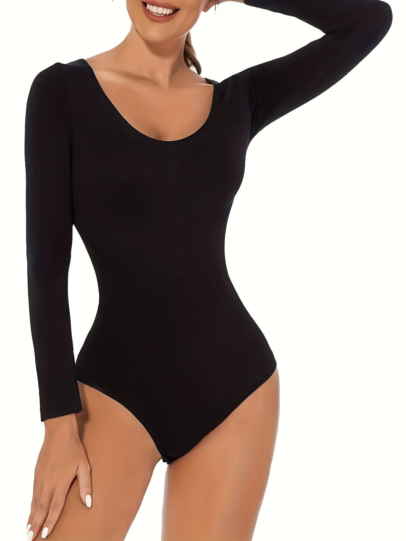 Soo slick Bodysuit for Women - Long Sleeve Crew Neck Thong Body