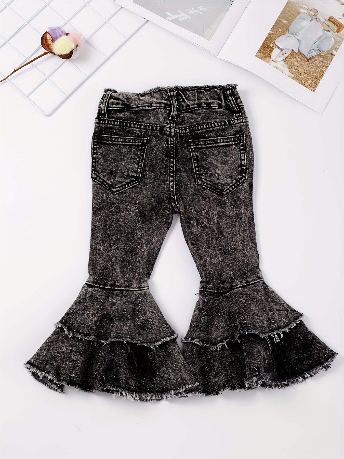 Girls Retro Black Washed Bell bottom Casual Flare Leg Jeans - Temu Canada