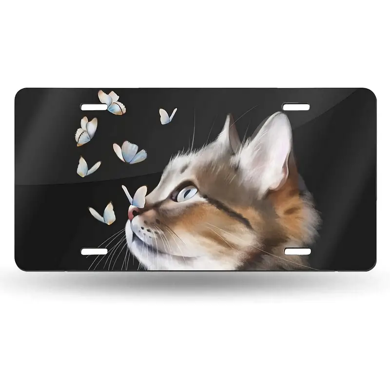 1pc Cat Butterfly License Plate Vanity Front Car Tag Metal Plate Wall Decor 6X12 Inch