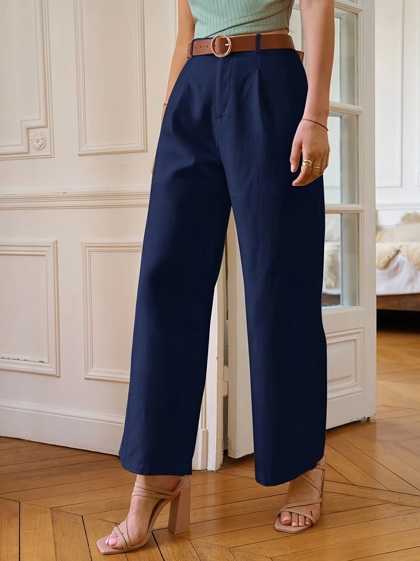 Solid Button Decor Slim Pants Elegant High Waist Pants - Temu Canada