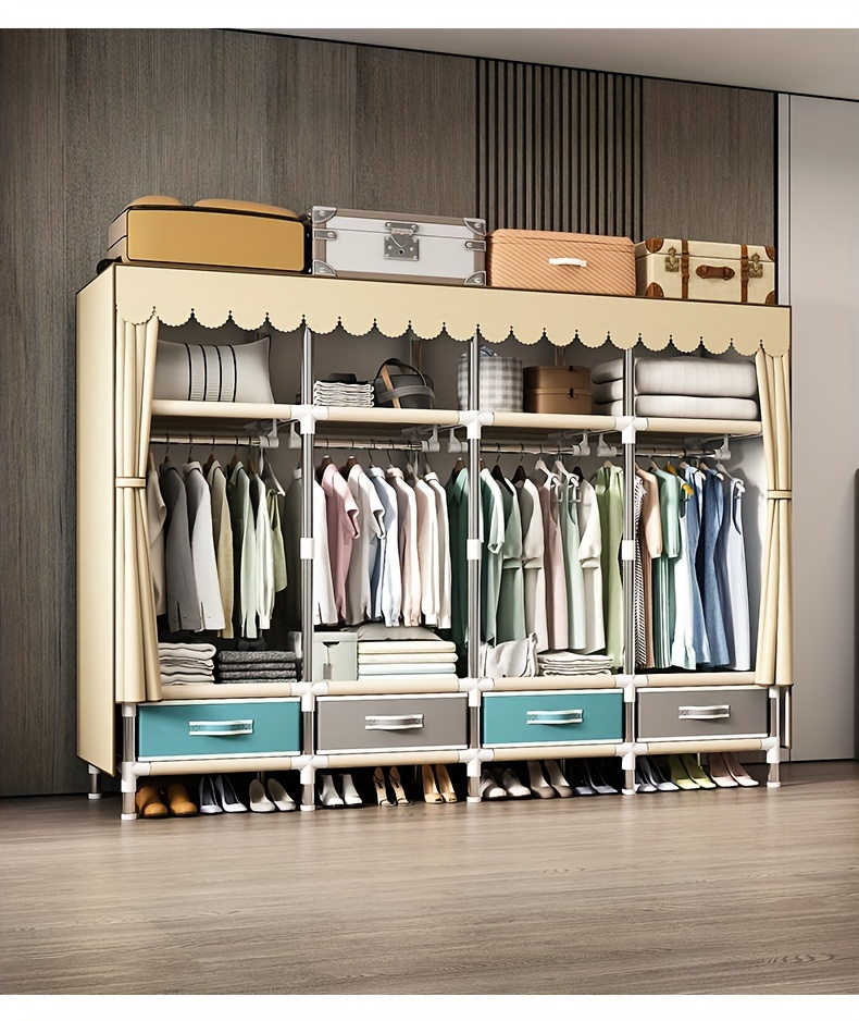 simple wardrobe home bedroom assembly simple modern sturdy and   with 3 storage drawers   hanging clothes poles suitable for rental housing dormitories steel pipe reinforced hanging wardrobes details 9