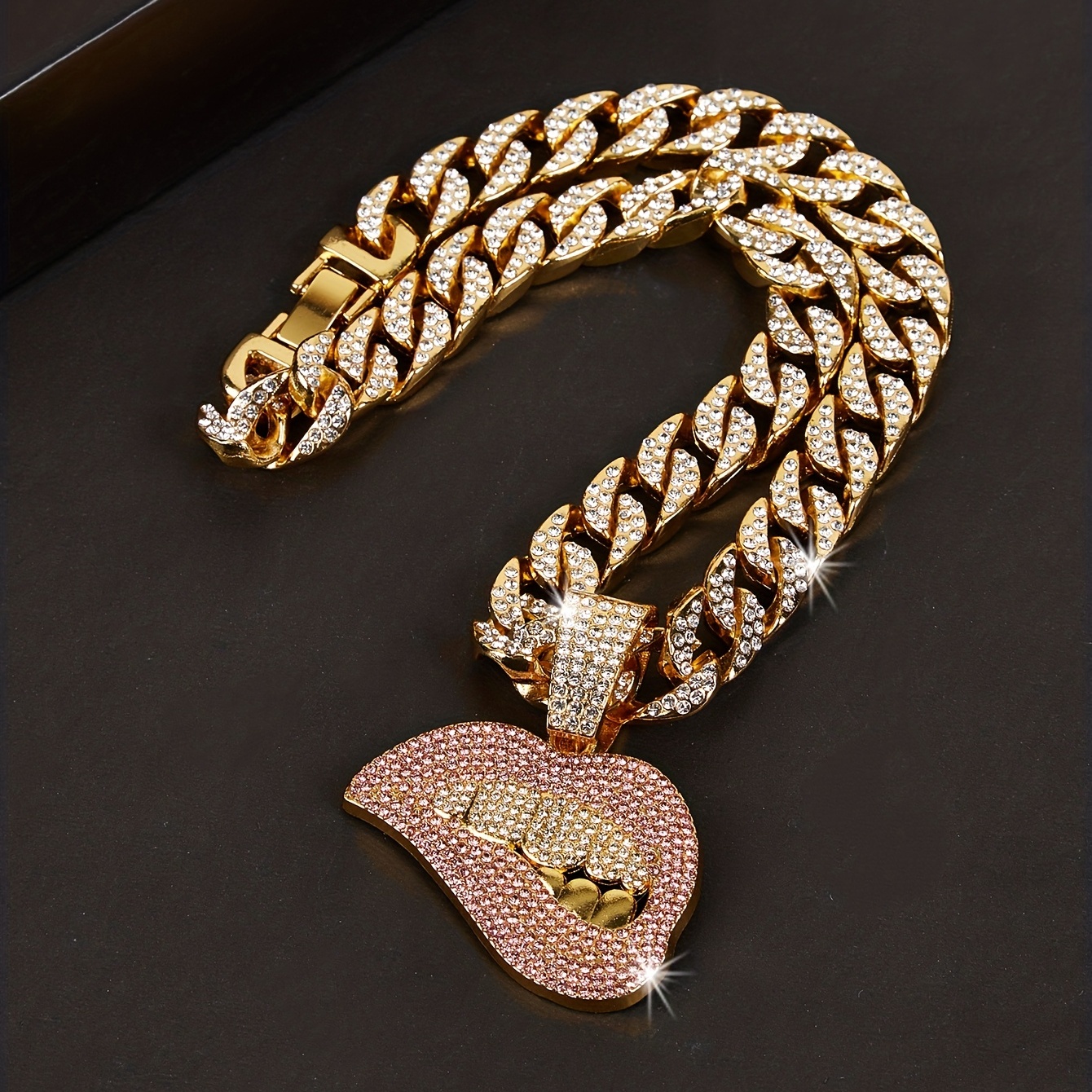 Pink Lips Pendant Cuban Chain Necklace