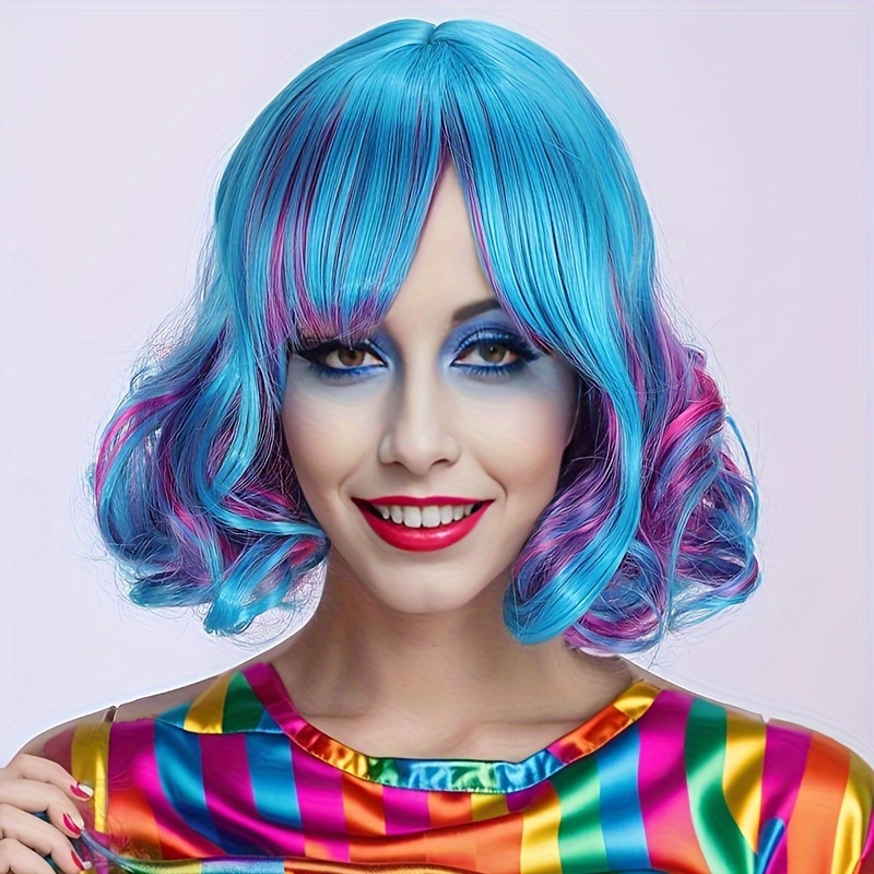 Rainbow Color Short Curly Wavy Bob Wig Synthetic Wig With Bangs Beginners Friendly Heat Resistant Costume Wig For Halloween Party Harajuku Style Cospl