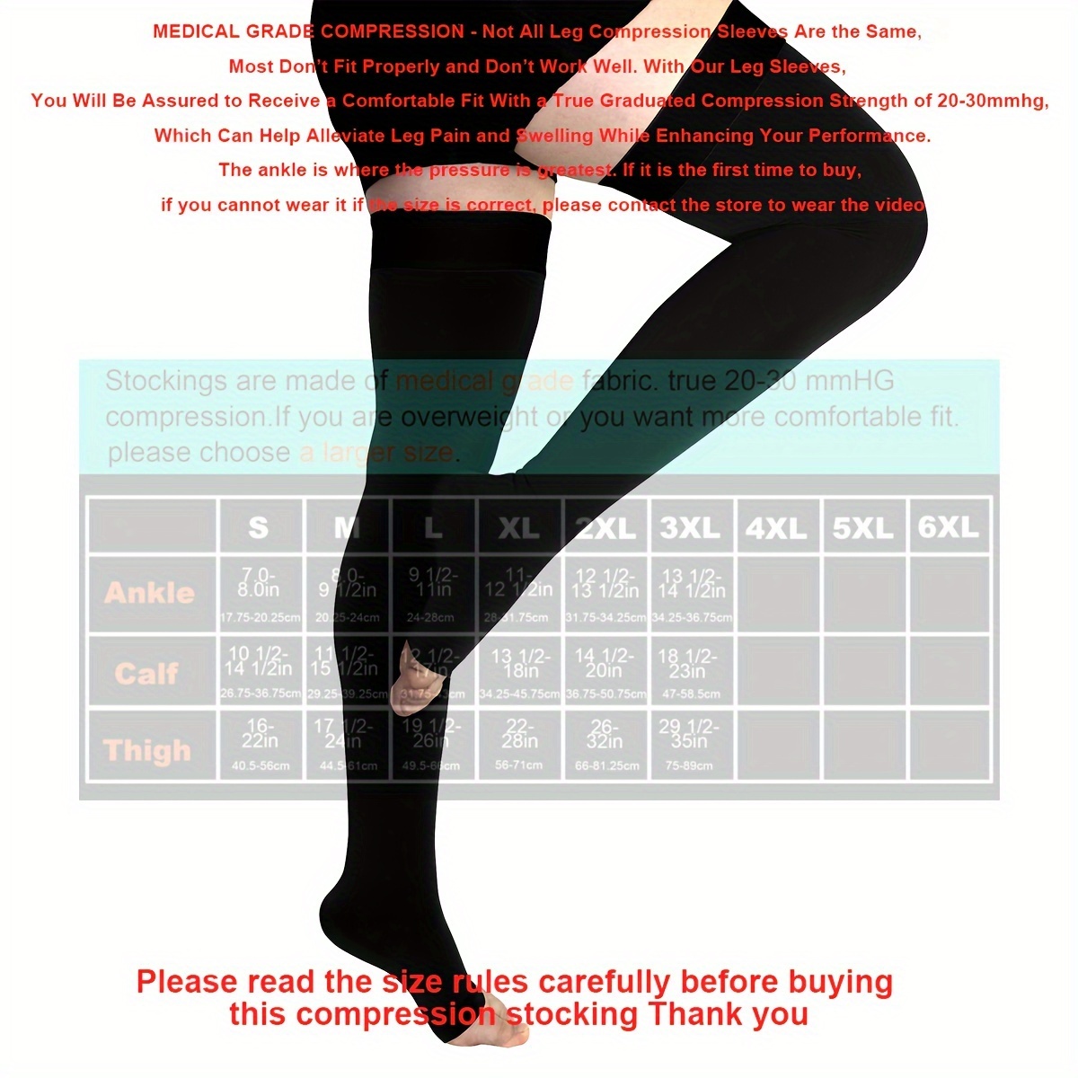 Women's XL-6XL Plus Size Medical 20-30mmHg Stocking Pressure