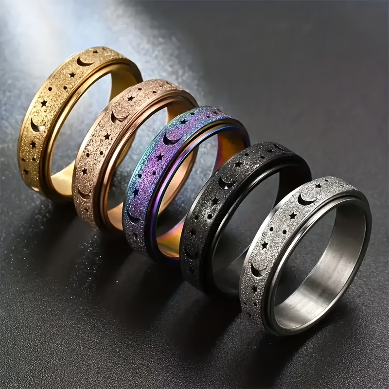 

Anxiety Fidget Ring Stainless Steel Rotatable Design Moon And Star Multicolor Ring Match Daily Outfits For Eid, Ramadan