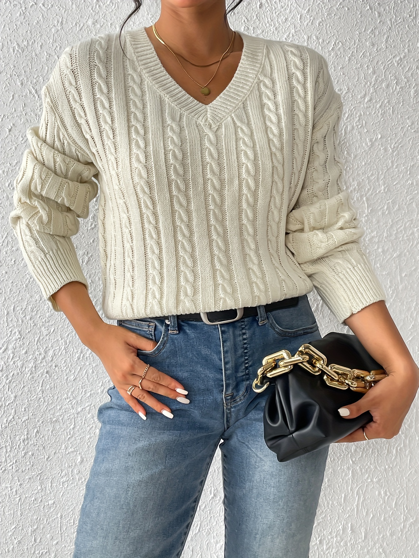 Solid V Neck Cable Knit Sweater, Casual Long Sleeve Pullover Sweater,  Women's Clothing