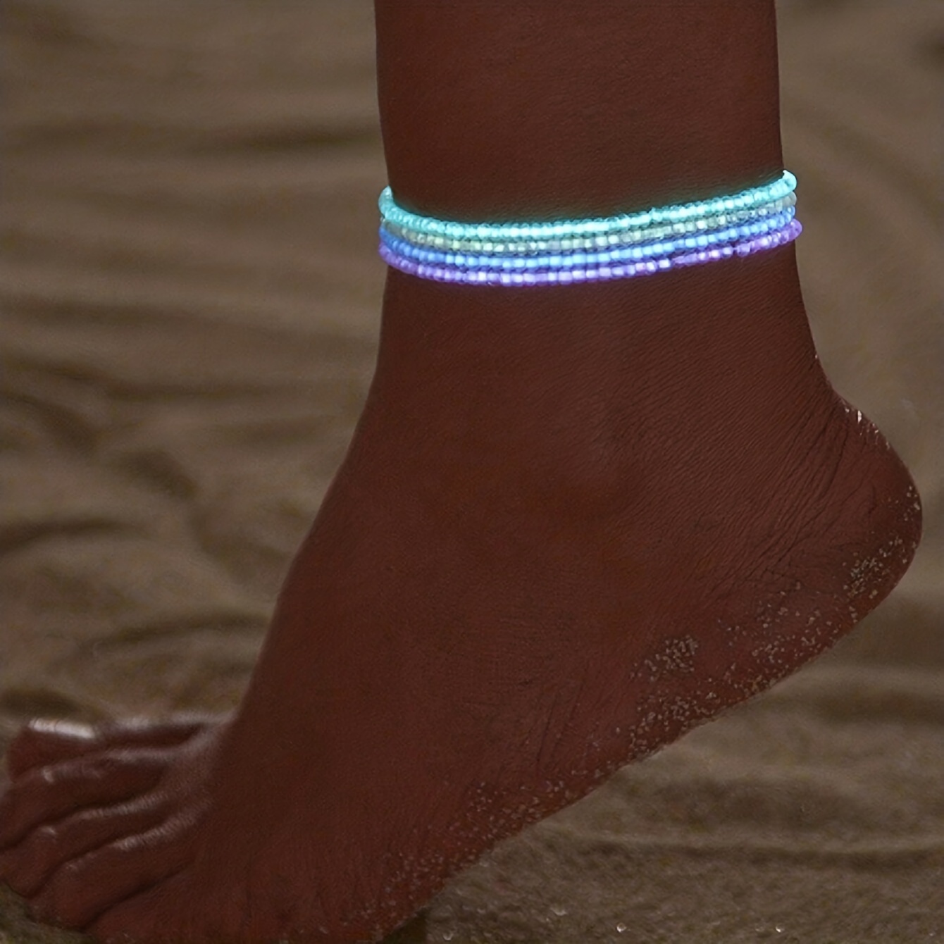 

4 Pcs Stackable Luminous Beaded Anklet Set With Mini Rice Beads Absorbing Ankle Bracelet Summer Beach Party Jewelry For Women, Accessory For Music Festival