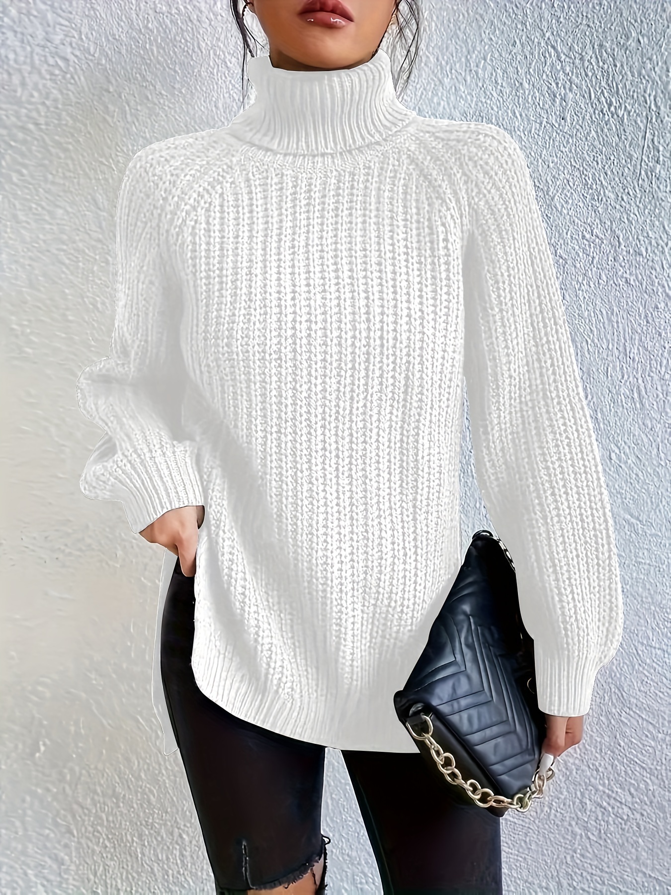 Solid Turtleneck Pullover Sweater Casual Loose Raglan Sleeve - Temu
