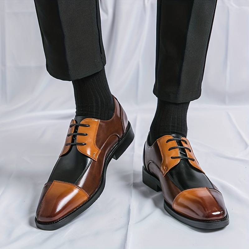 Men's Cap Toe Derby Shoes, Lace-up Front Color Block Dress Shoes For Men,  Business Formal Wedding Black Tie Optional Events