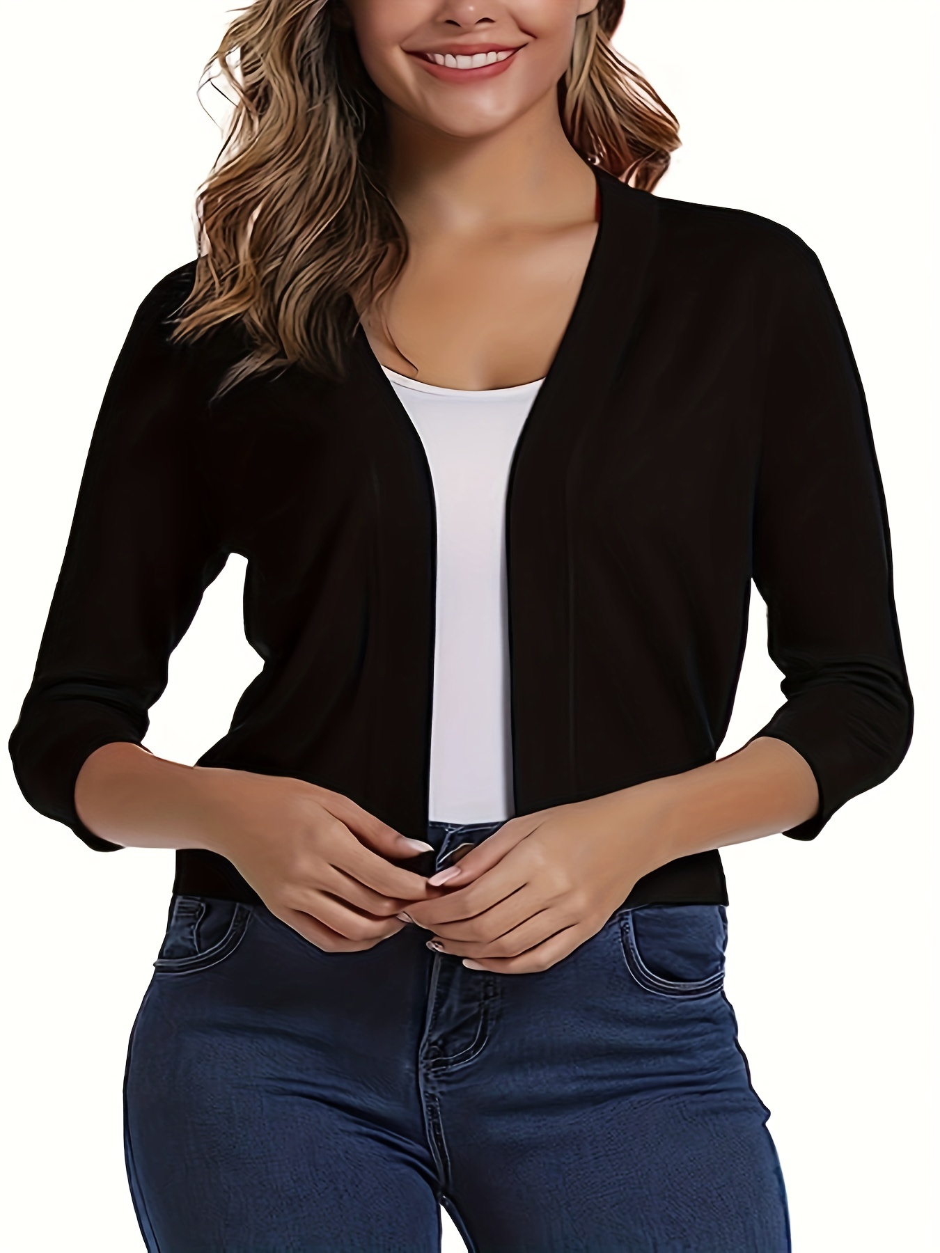 Solid Open Front Cardigan Elegant 3/4 Sleeve Crop Cardigan - Temu