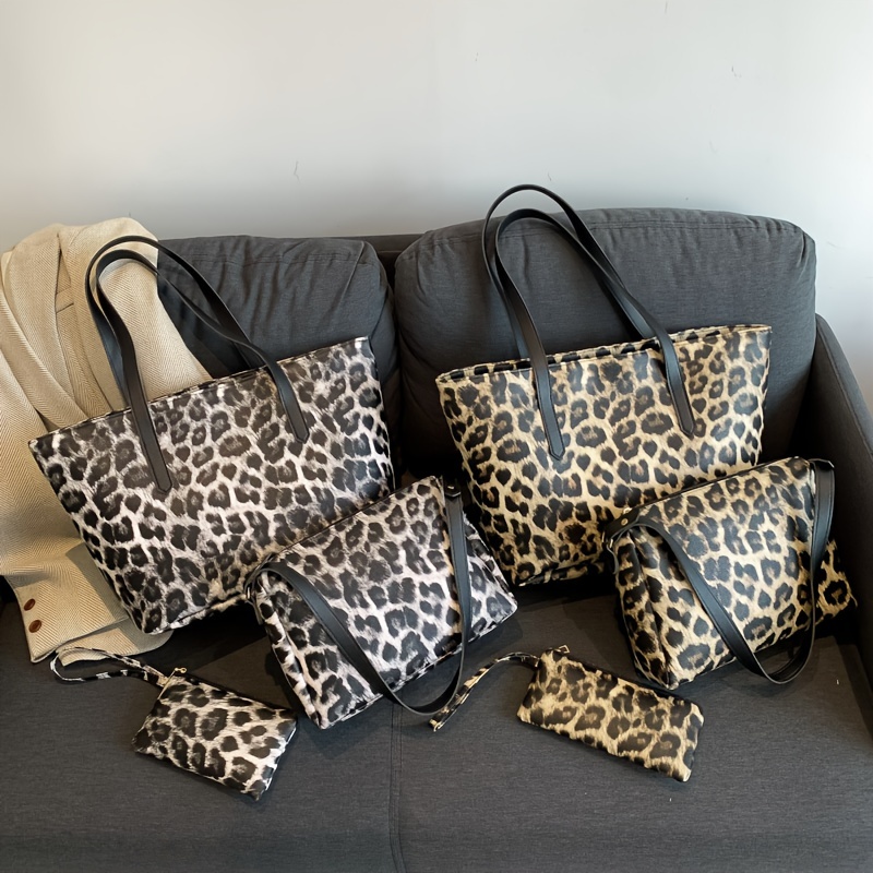 Leopard Print Tote Bag Women Animal Print PU Leather Handbags Ladies Shoulder Bags Totes Purse Clutch Wallet Satchel 2 PC Set