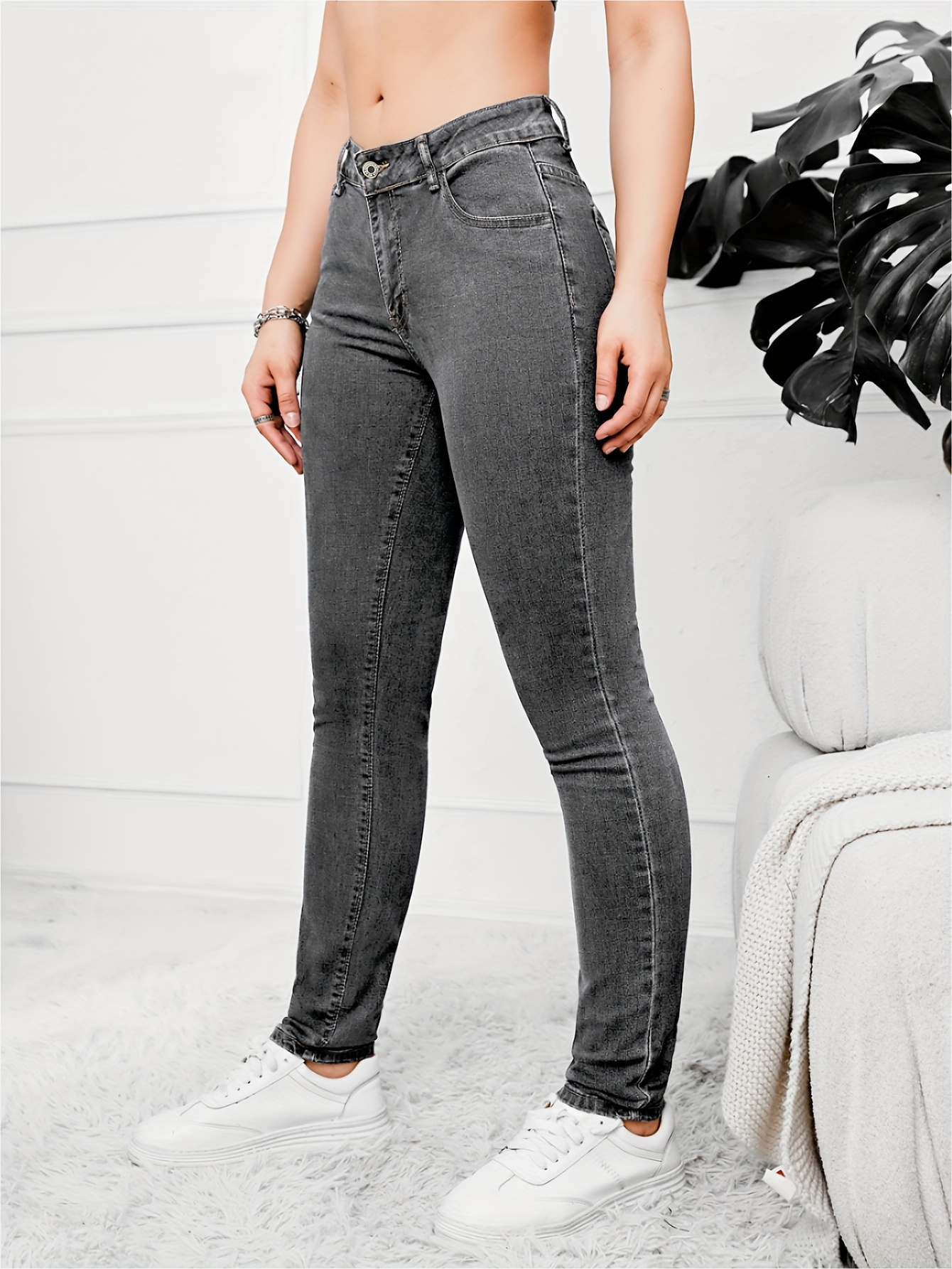 Grey High Stretch Skinny Jeans Slim Fit Slant Pockets Casual - Temu Canada