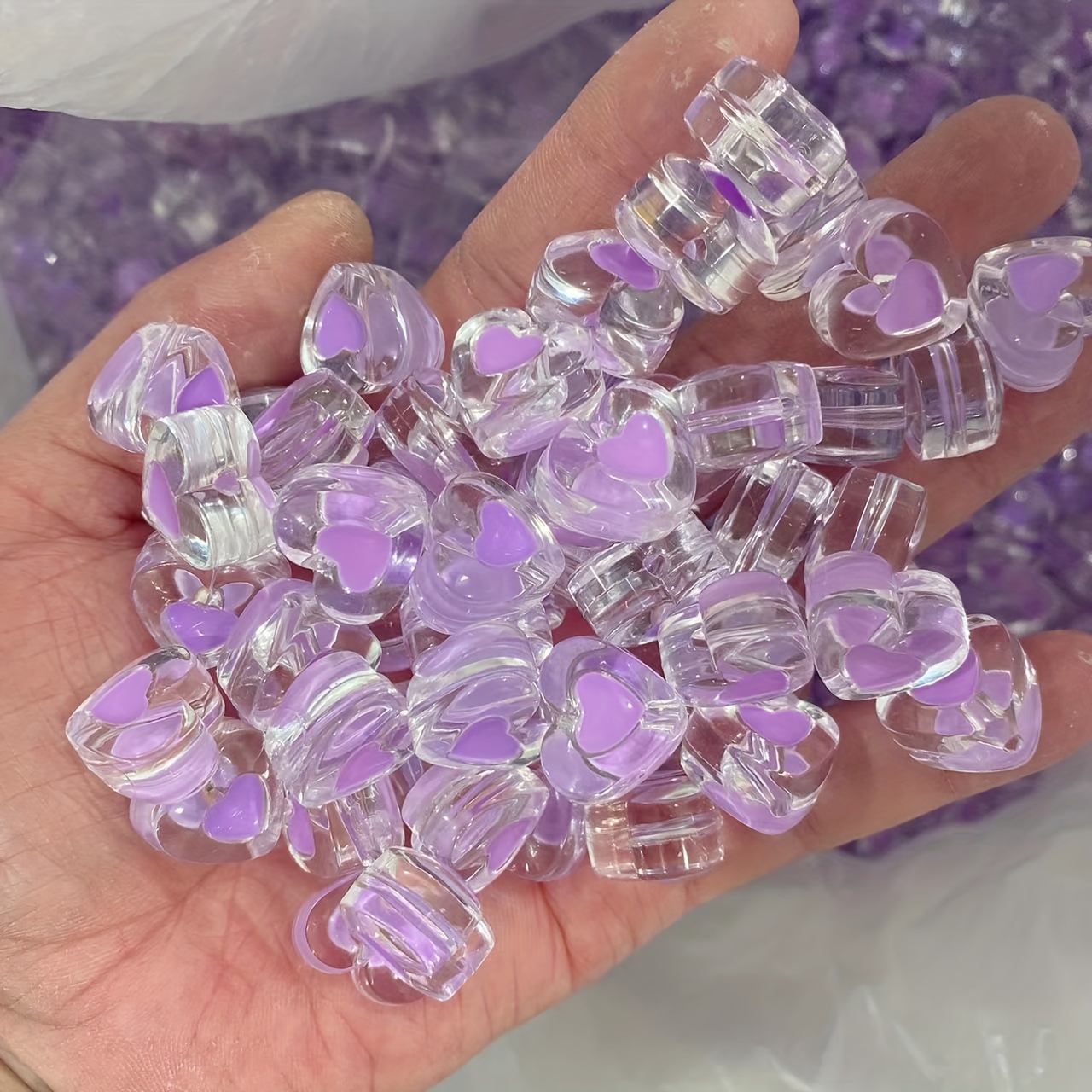 Light Purple Opaque 20mm Round Plastic Beads - White Hearts (10pcs)