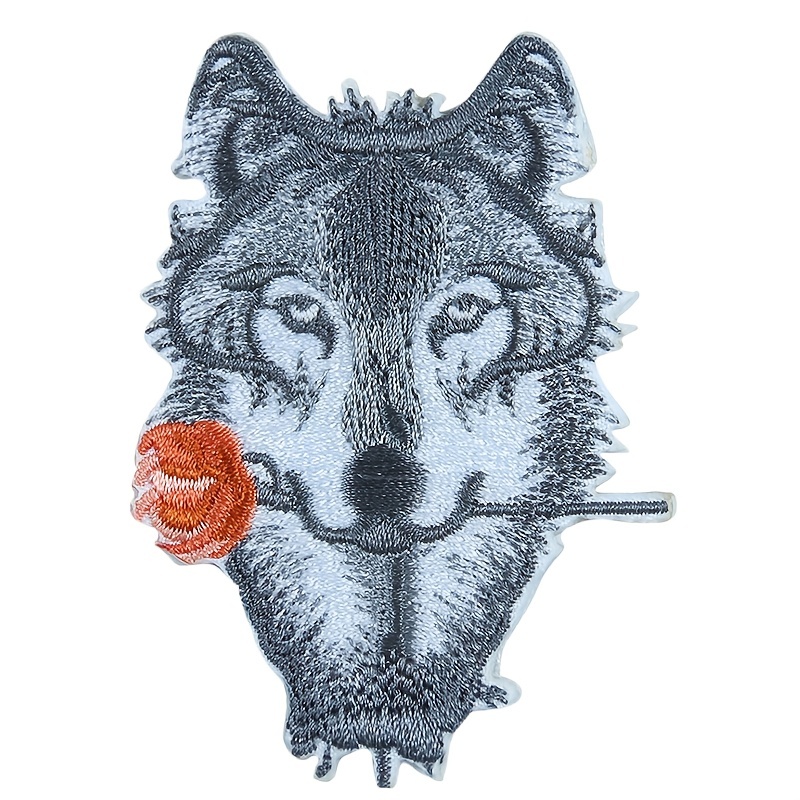 1pc Cartoon Beast Wolf Dog Embroidered Applique Animal Rose Flower 
