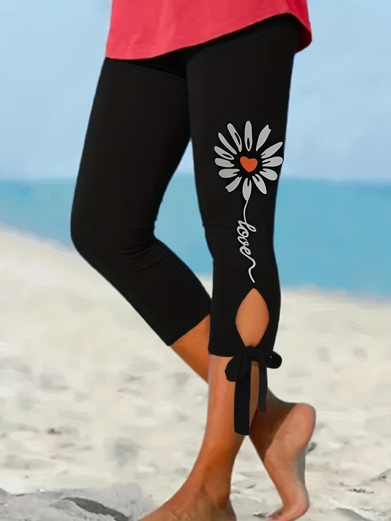 Girls Black Daisy Print Elastic Waist Leggings