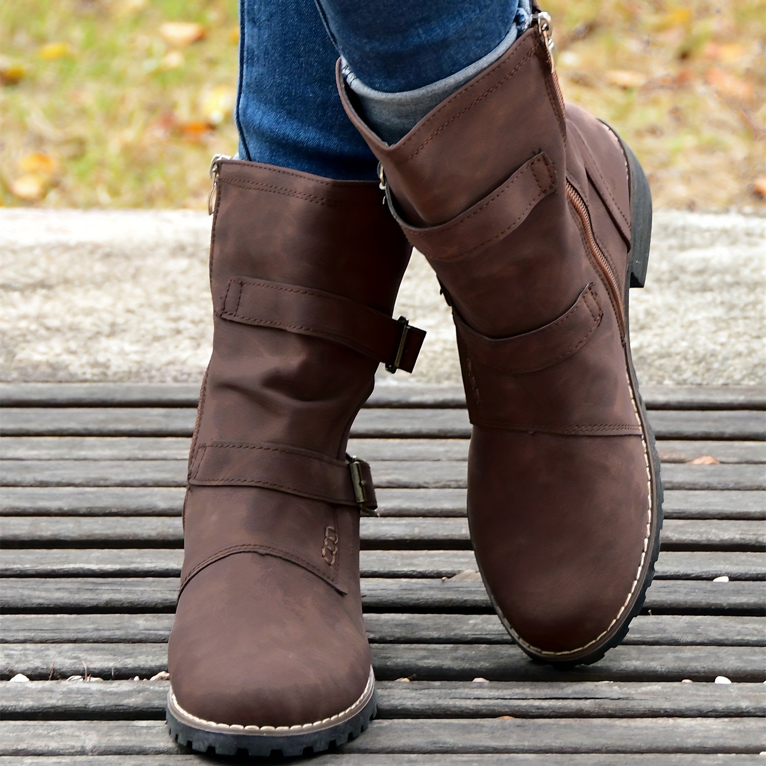 Women's Retro Mid Calf Boots Double Buckle Strap Side Zipper Shoes