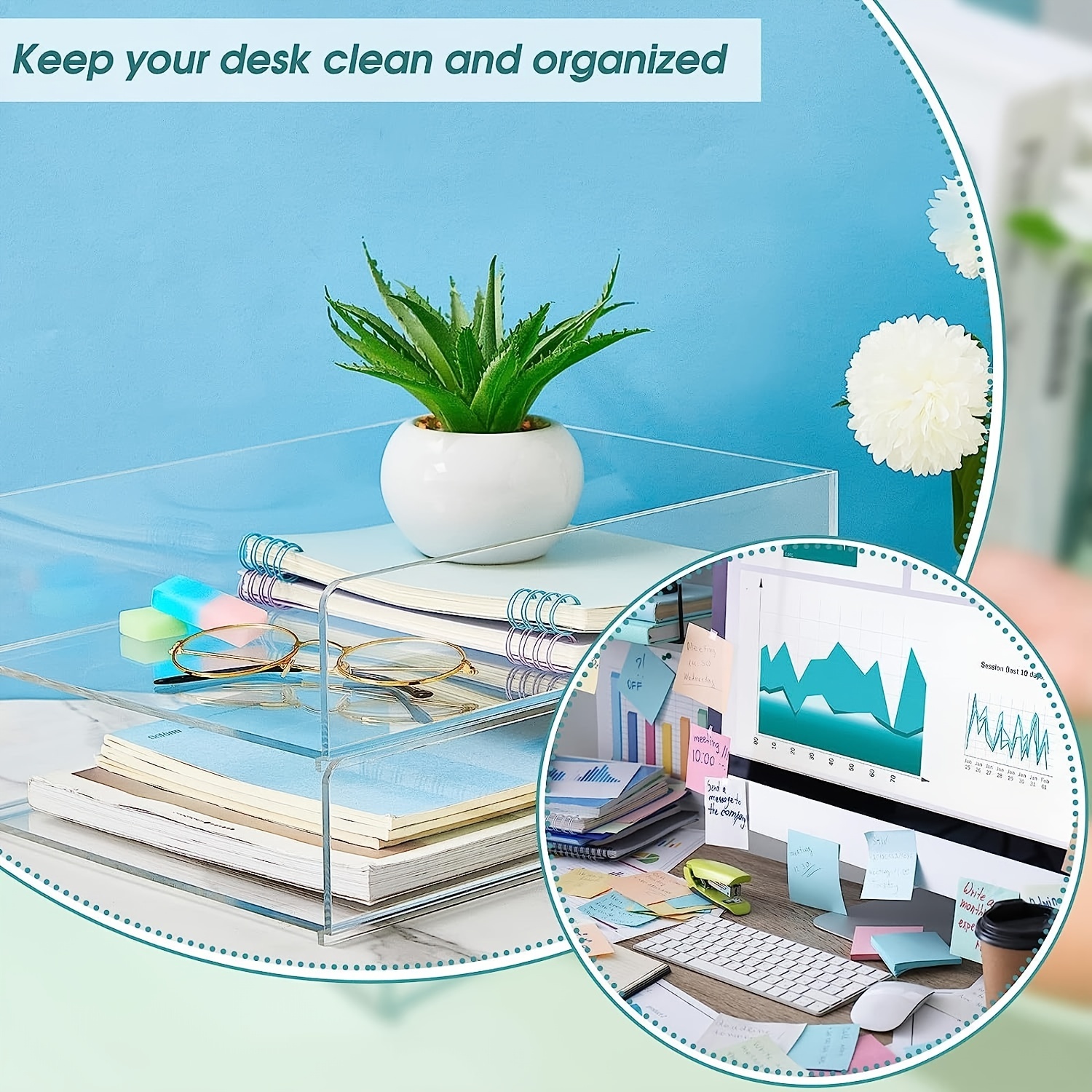Elavain Acrylic Stackable Paper Tray Organizer for Desk, 3 Tier Elegant Paper Organizer Tray, Clear Desk Organizer with White Edges for Home