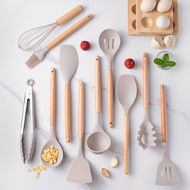 Silicone Kitchen Utensils With Wooden Handle Kitchen Gadgets - Temu