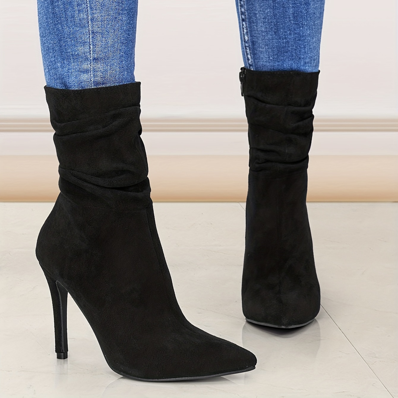 Women's Pointed Toe Stiletto Heeled Short Boots Side Zipper - Temu