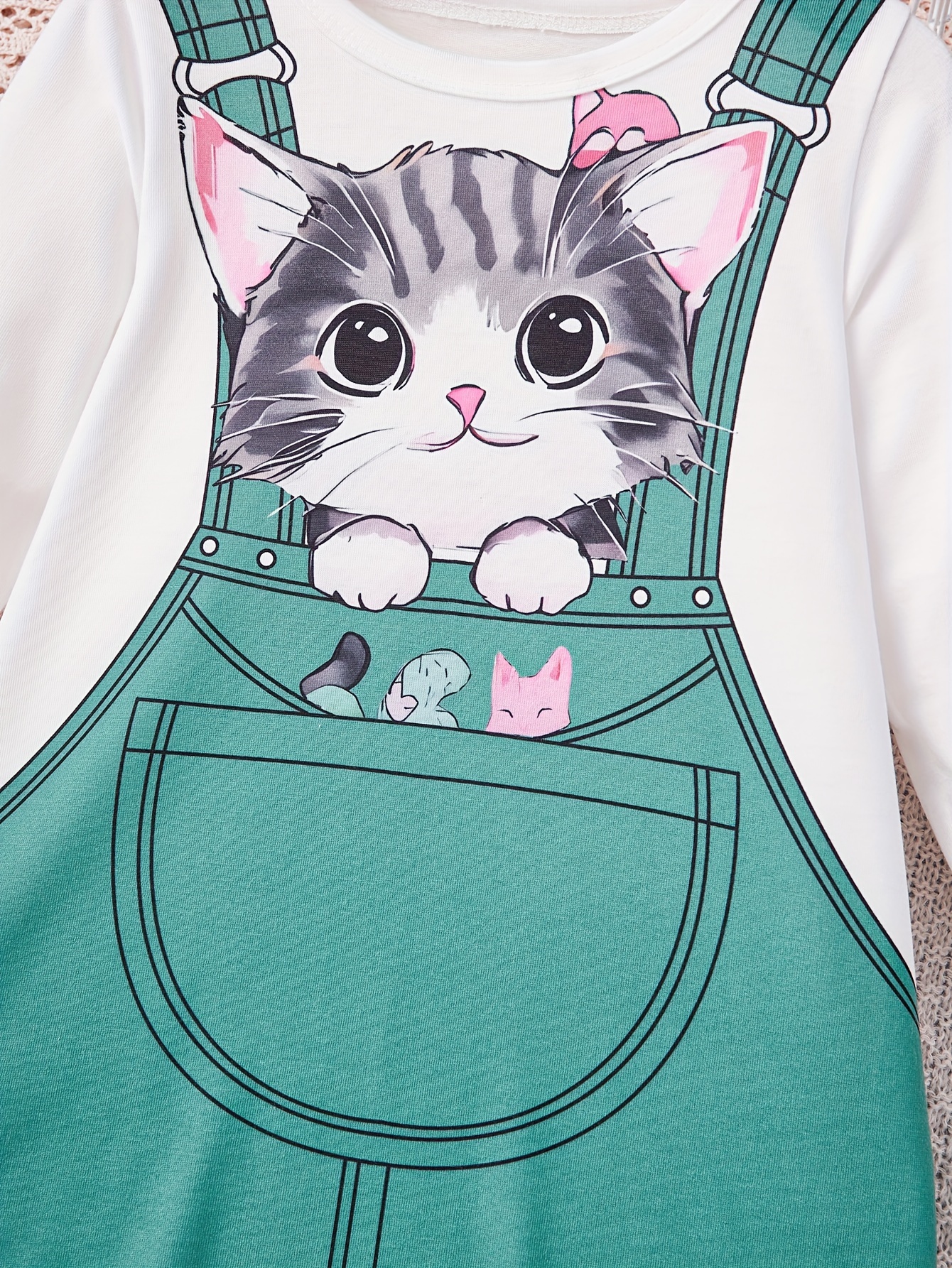 Kid Girl Animal Cat Print Solid Color Long-sleeve Dress