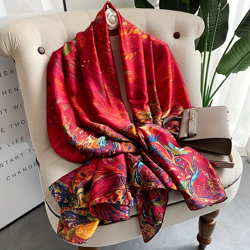 

Multicolor Print Silky Shawl Stylish Casual Soft Smooth Scarf Travel Sunscreen Windproof Beach Towel