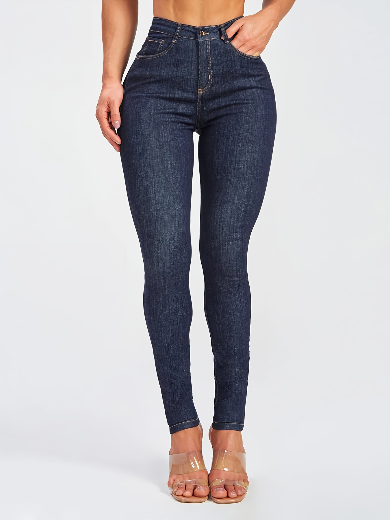 High Rise Curvy Plain Design Legs Dark Blue Skinny Jeans, High Waist  Stretchy Denim Pants, Women's Denim Jeans, Women's Clothing