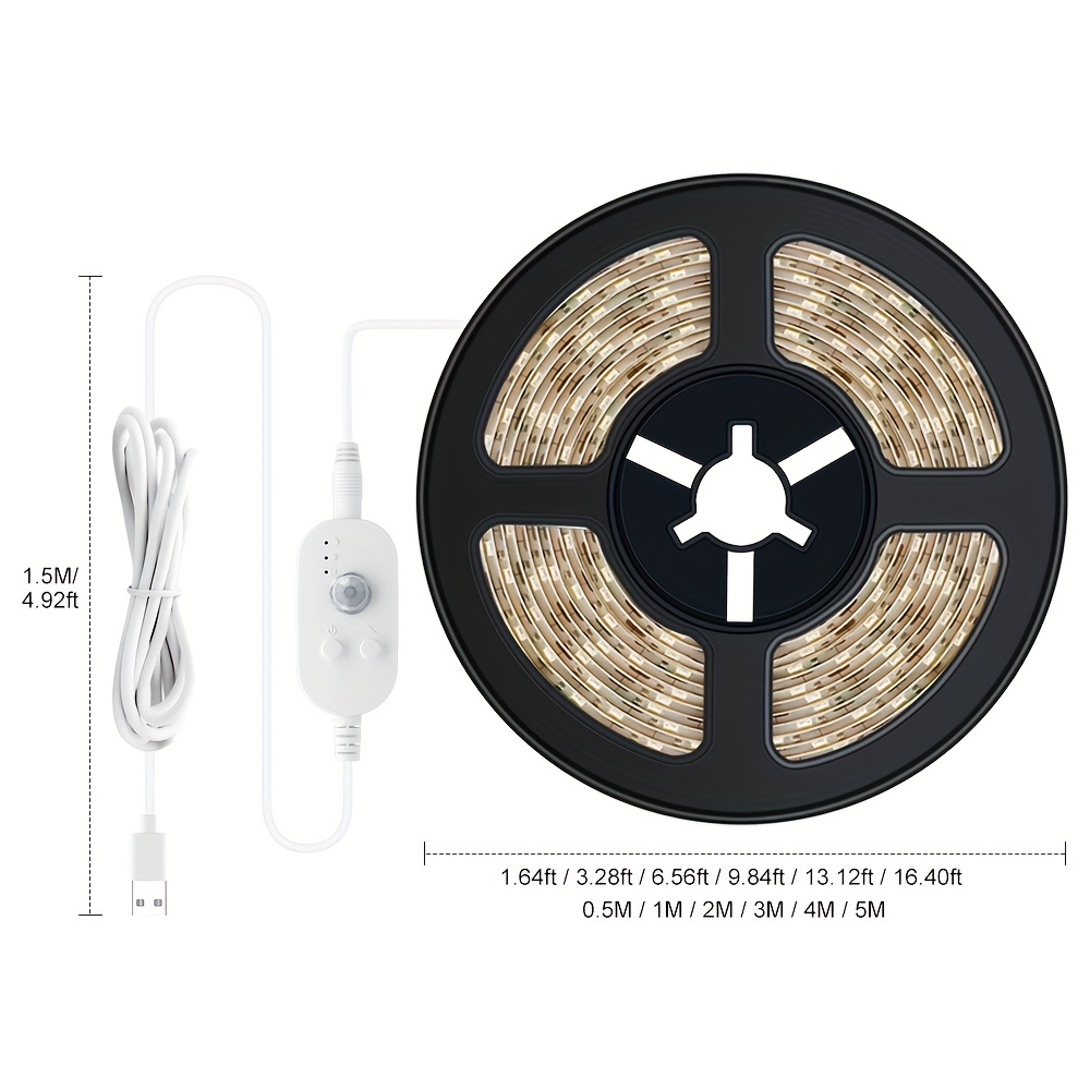 Tira de luces activadas por movimiento de 4.92 pies para armario, debajo  del gabinete, escaleras, pasillo, tira de luz LED blanca cálida con sensor  de