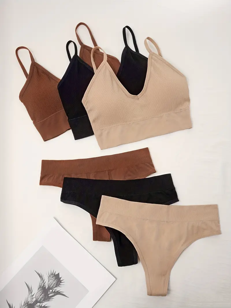 3 Sets Ribbed Bra & Panties, Wireless Bralette & Thongs Lingerie Set,  Women's Lingerie & Underwear