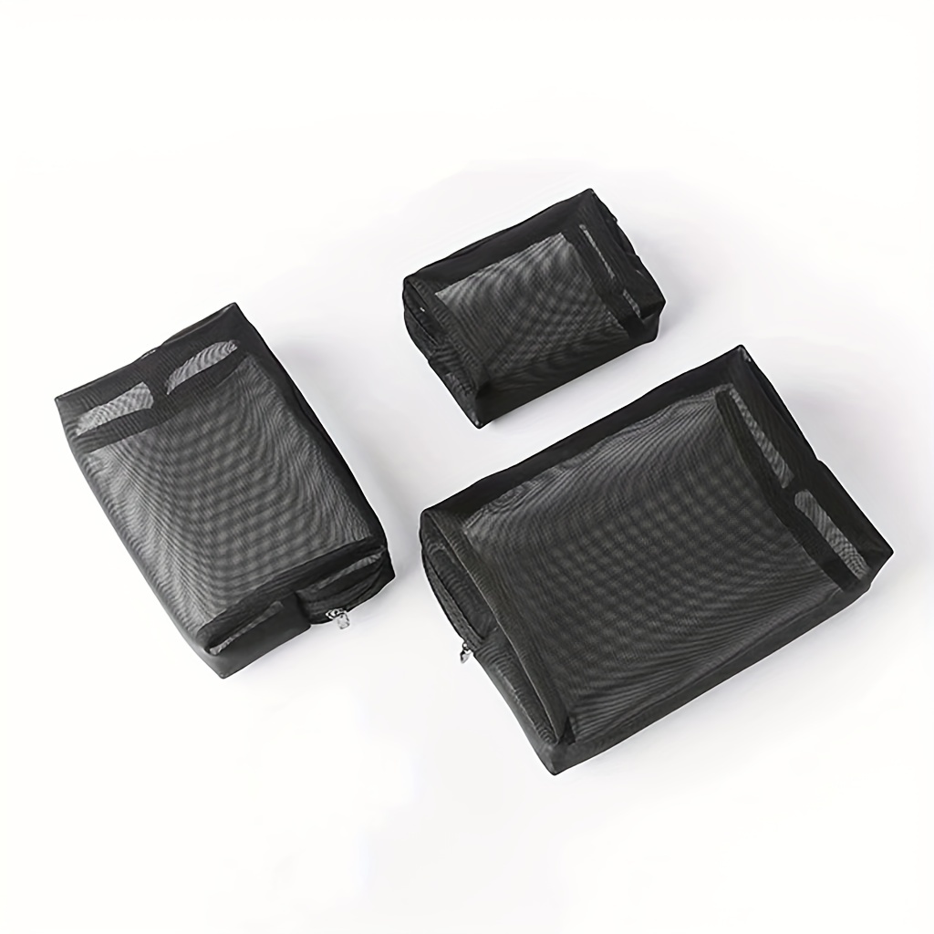 A Compact Three-Piece Set of Nylon Mesh Makeup Bags, Portable, Large Capacity, Travel Cosmetic Storage.