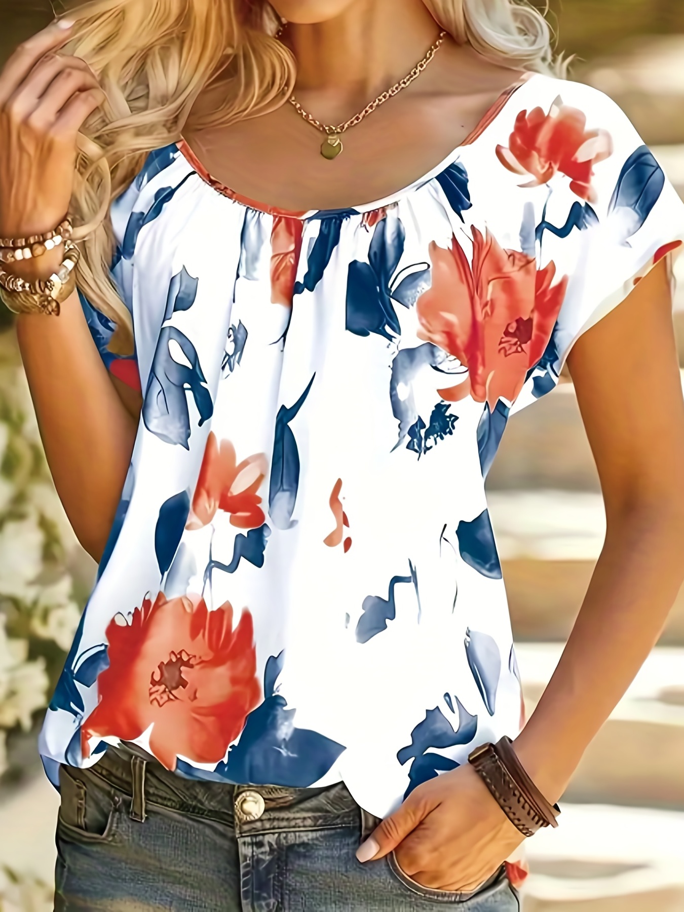 Floral Print Ruched Blouse, Casual Crew Neck Short Sleeve Blouse, Women ...