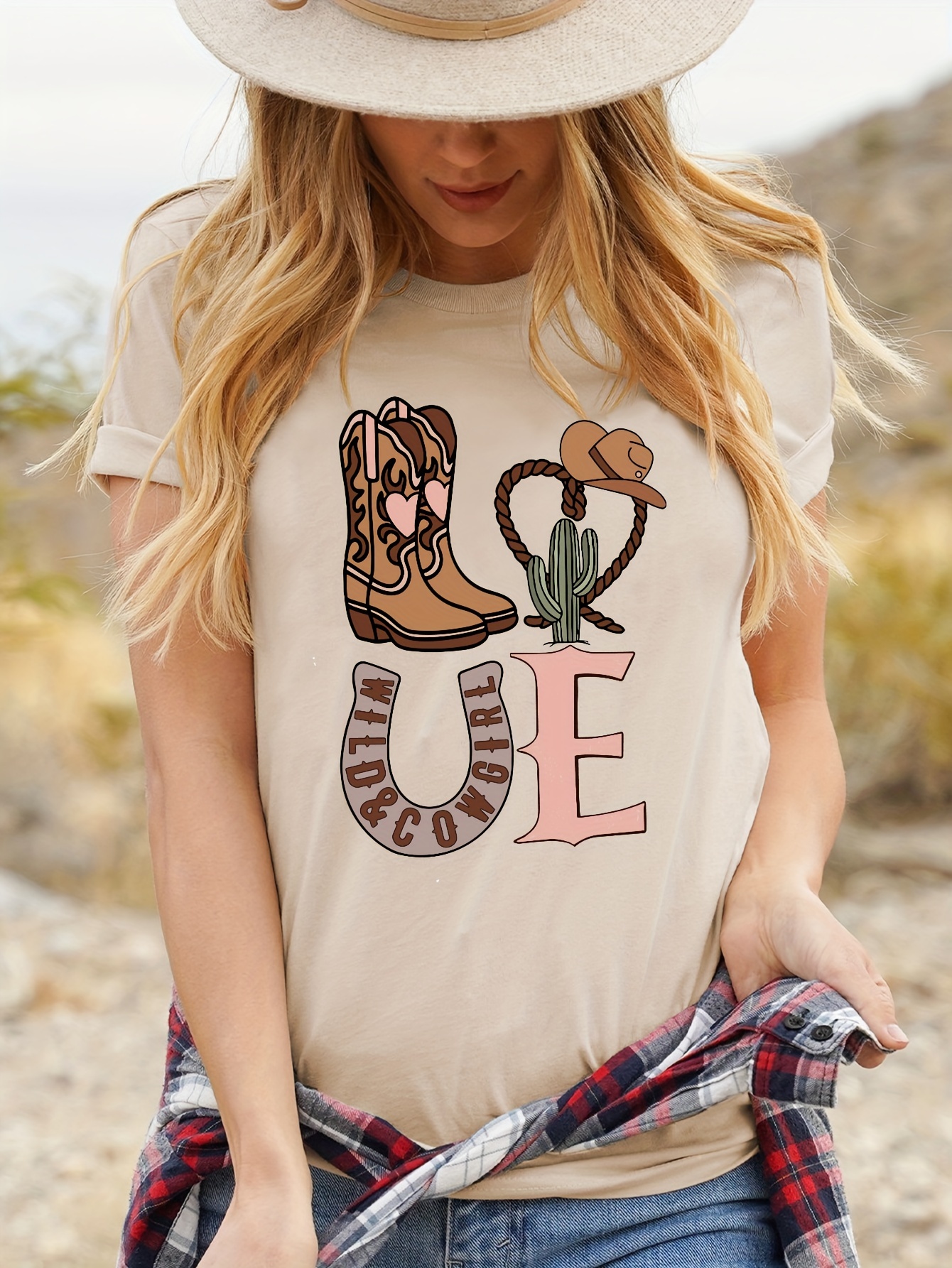 Cowgirl Love Letter Print Casual Sports T shirt Round Neck - Temu Canada