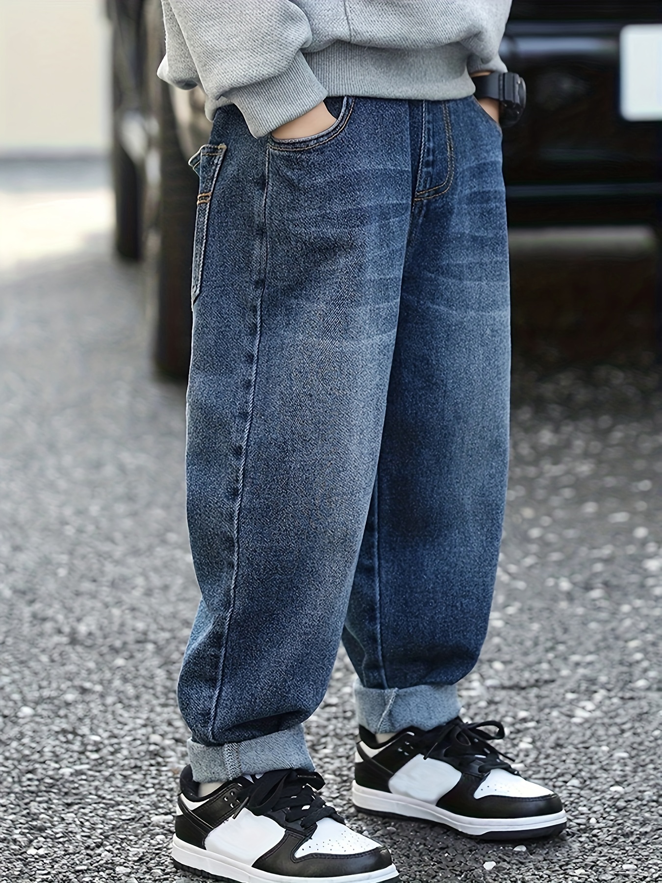 Tapered Jeans con toppe - Blu denim - BAMBINO