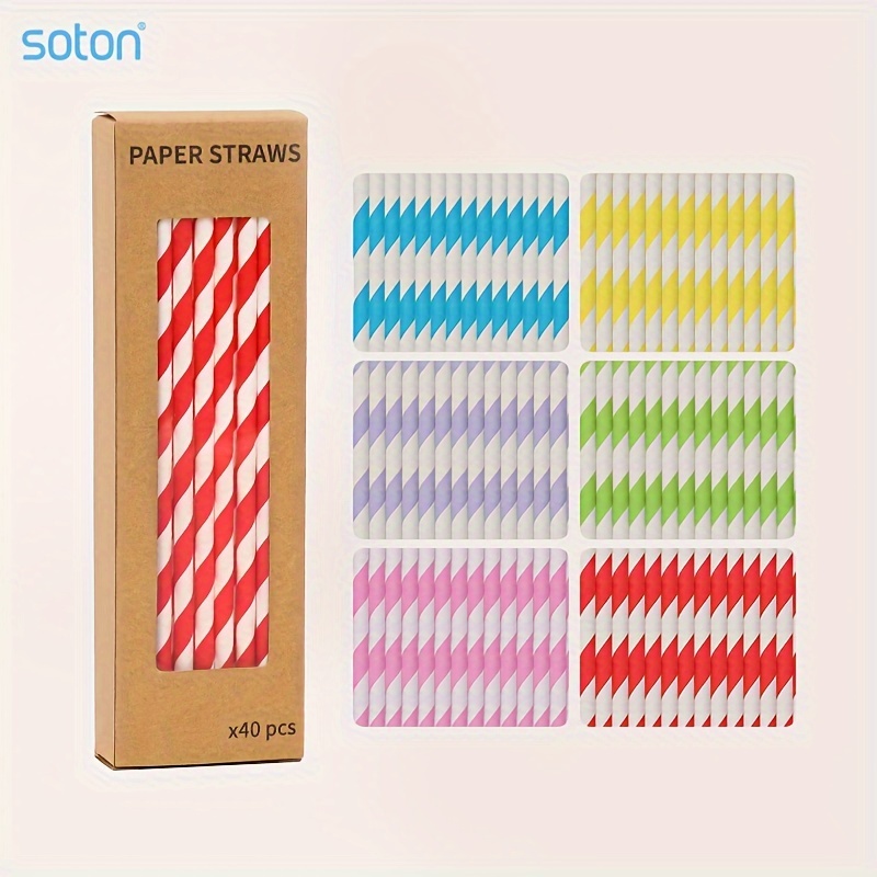 Assorted Striped Paper Smoothie Straws - 40 Pcs