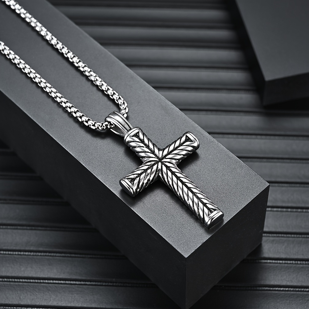 1pc stripe cross cool pendant necklace mens trendy stainless steel necklace fashion accessories details 5