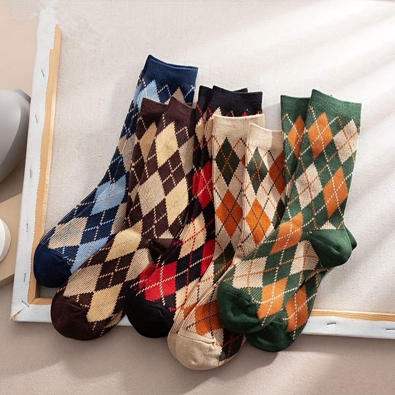 

5 Pairs Colorblock Argyle Socks, Comfy & Breathable All-match Socks, Women's Stockings & Hosiery