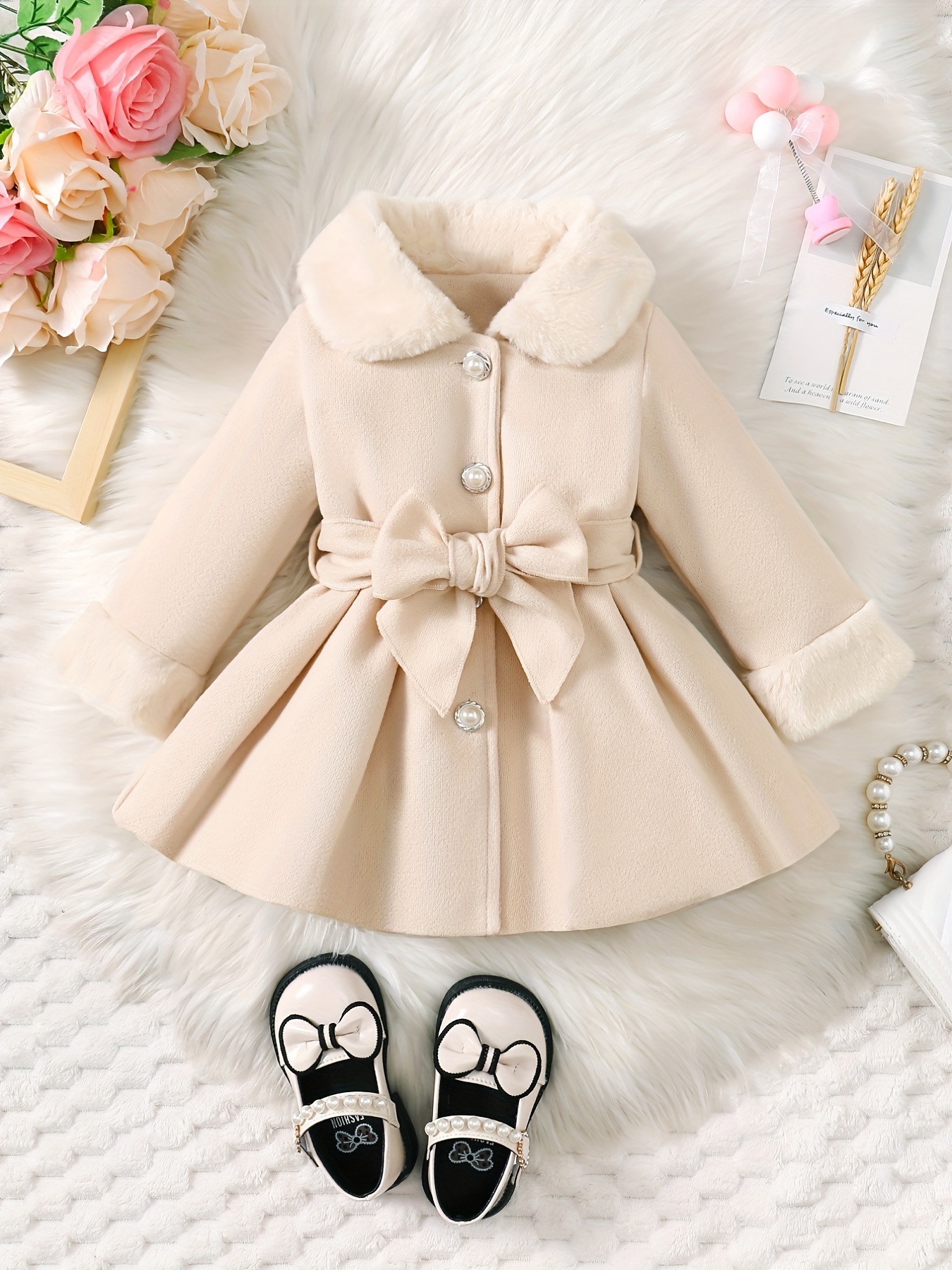 Baby Girls Fashion Autumn And Winter Thermal Belted Dress Set Princess Coat  Classic Black And White Color Contrast Cardigan