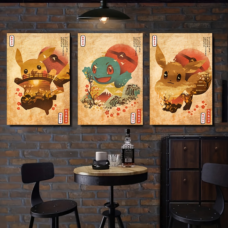 3 Pack Canvas Pokemon Wall Art Home Decoration Vintage Japanese Style  20x30cm