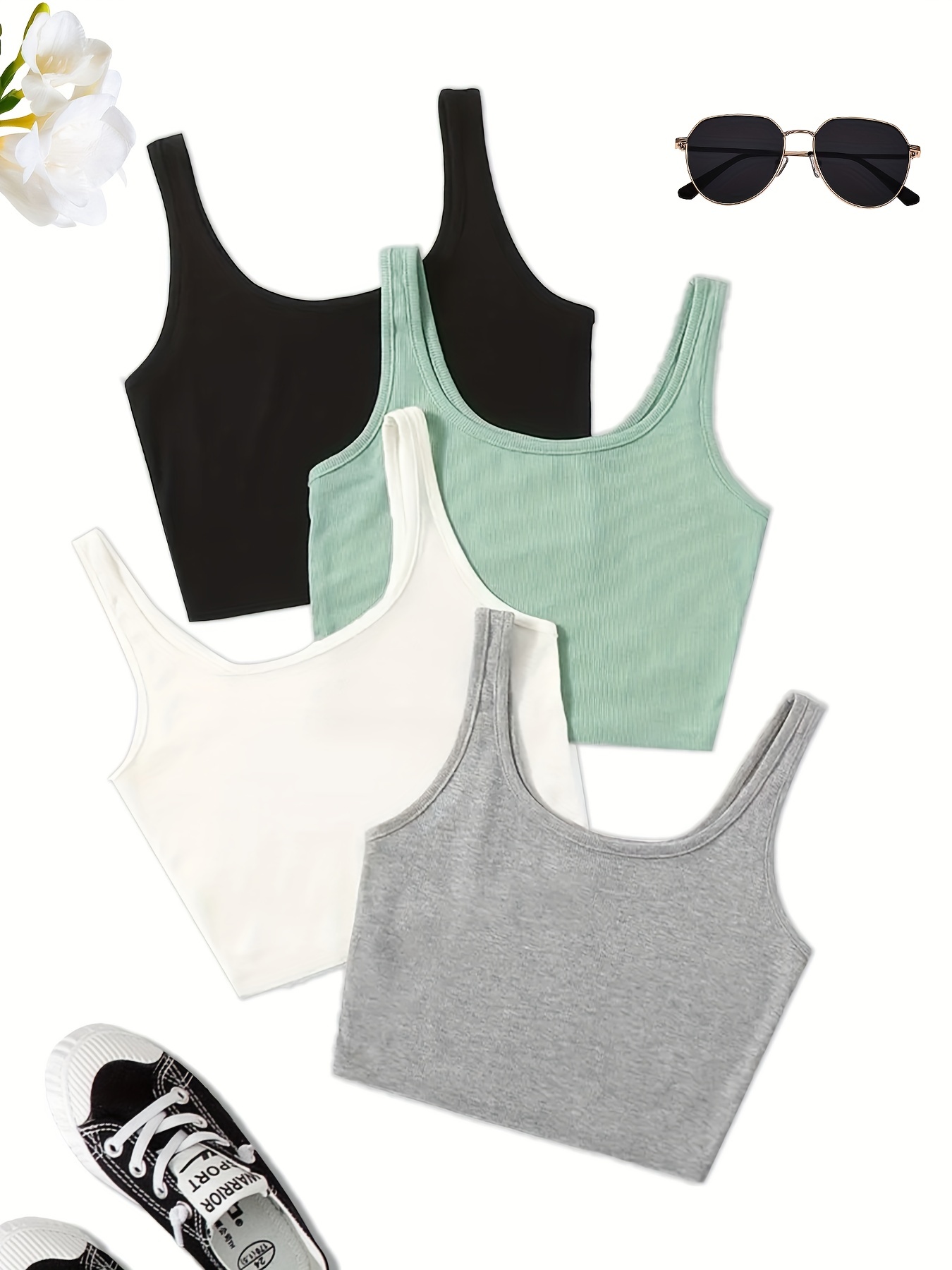 4 Pcs Set Crop Tank Top, Casual Basic High Stretch Summer Workout Yoga Gym  Tank Top, Women's Clothing
