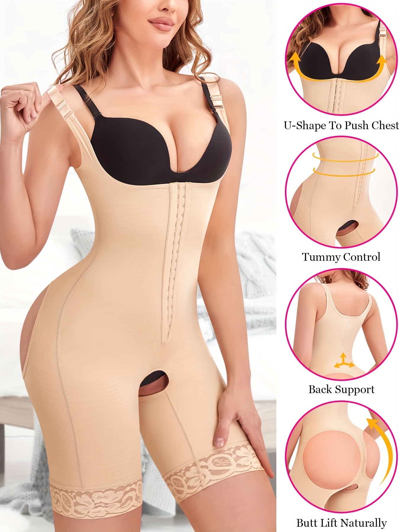 Lace Trim Shaping Romper, Front Buckle Tummy Control Slimmer Open Crotch  Body Shaper, Women's Underwear & Shapewear
