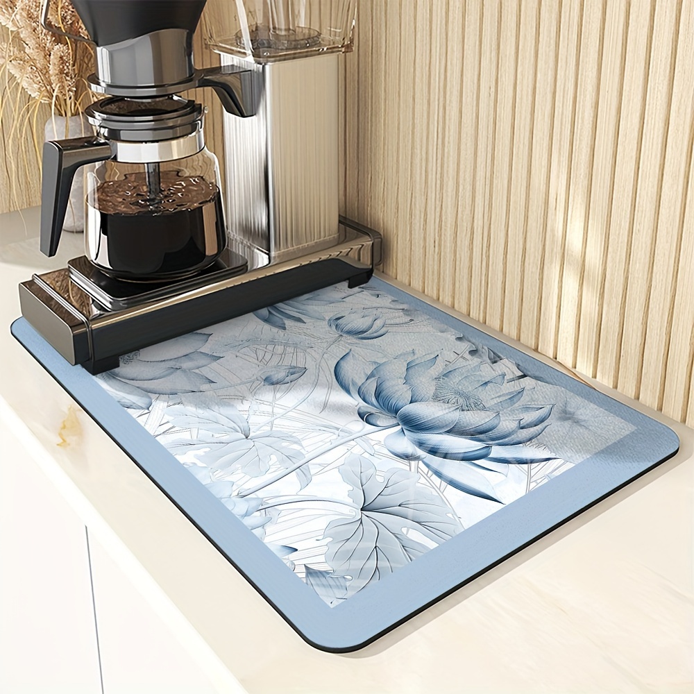 

1pc, Dish Drying Pad, Kitchen Countertop Absorbent Pad, Washstand Drain Mat, Ink Style Plant Flower Printed Faucet Absorbent Mat, Toilet Washstand Cup Mat, Kitchen Accessories, Bathroom Accessories