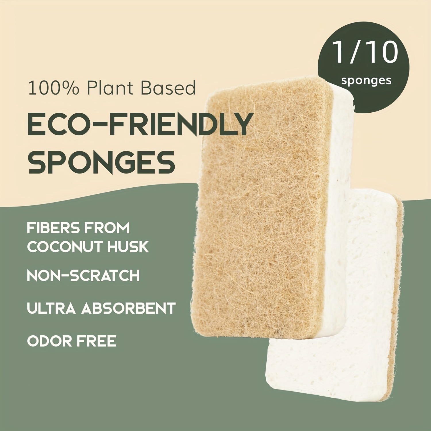  10 Pack Biodegradable Natural Kitchen Sponge - Compostable  Cellulose and Coconut Walnut Scrubber Sponge - Eco Friendly Sponges for  Dishes : Health & Household