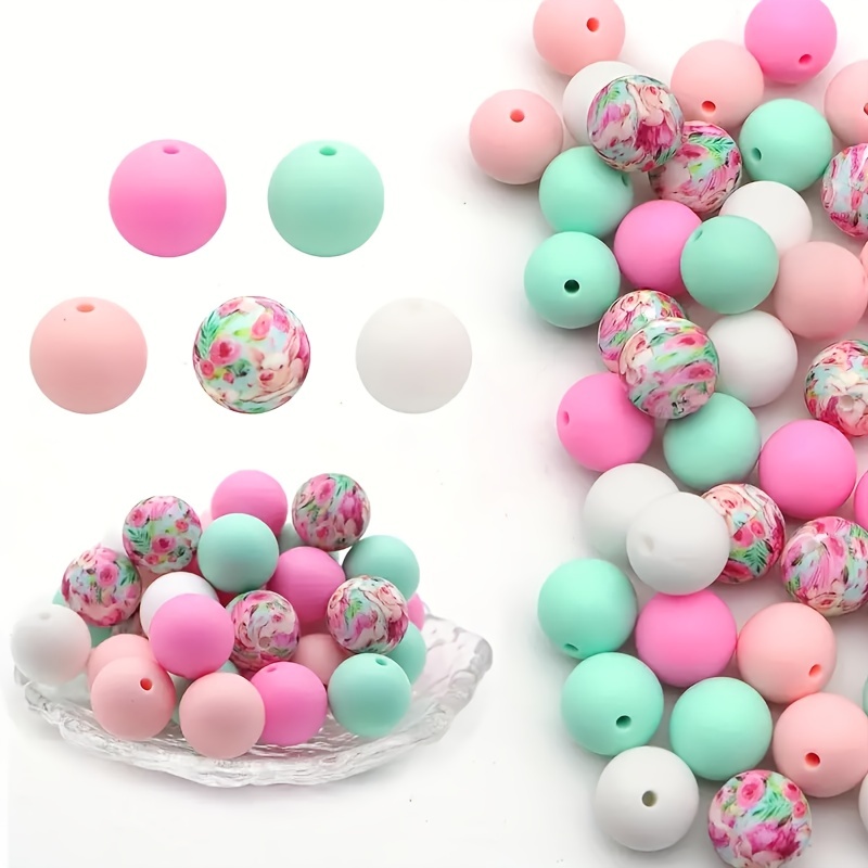 

50pcs 12/15mm Silicone Solid Color And Printed Mixed Focus Beads For Jewelry Making Diy Handmade Bracelet Necklace Plastic Pen String Key Bag Phone Chain Car Decors Craft Supplies