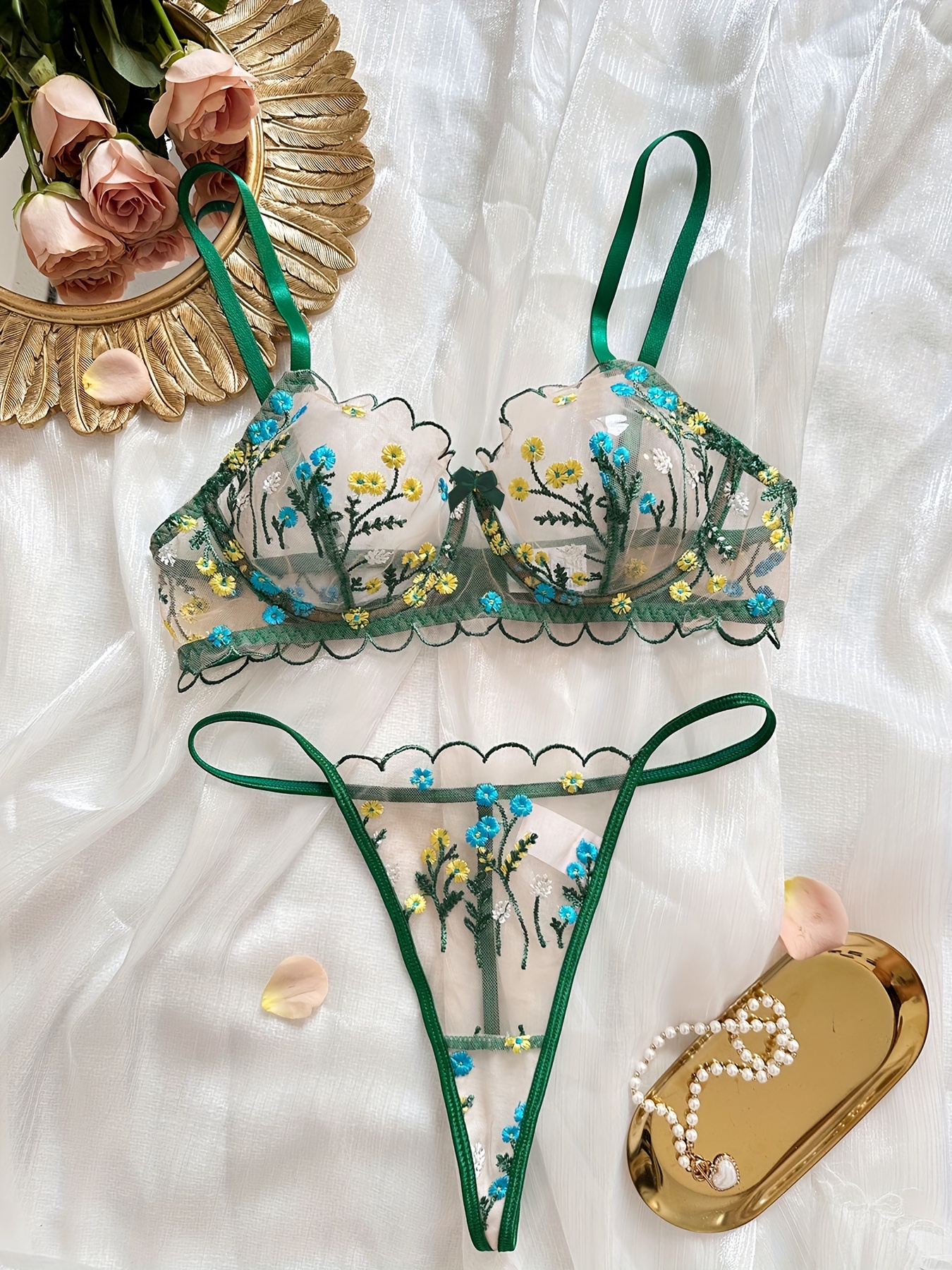 Floral Embroidery Mesh Lingerie - Temu