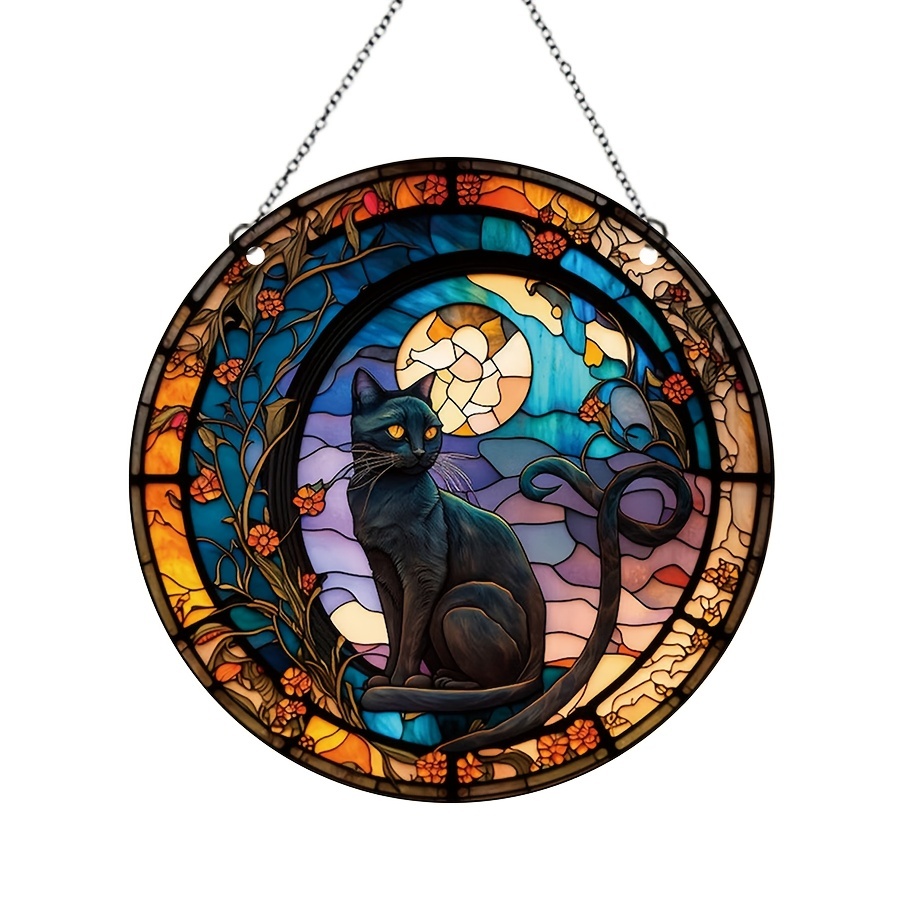 Acrylic Halloween Flower Cat Round Window Pendant
