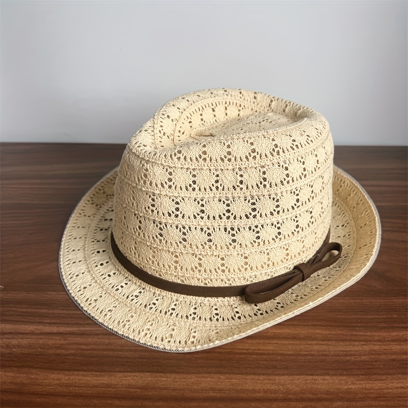 Belt Decor Flower Pattern Panama Hat, Short Brim Sunshade Hollow Out Breathable Beach Sum Hat