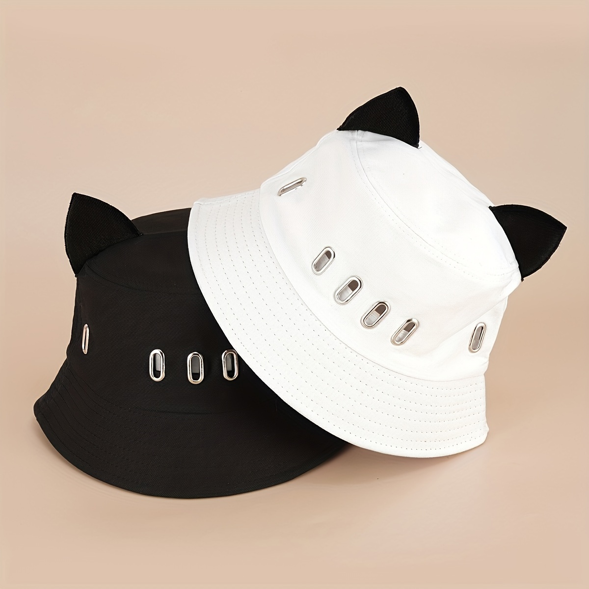 Cute Cartoon Cat Ear Decor Hollow Out Breathable Bucket Hat Sun