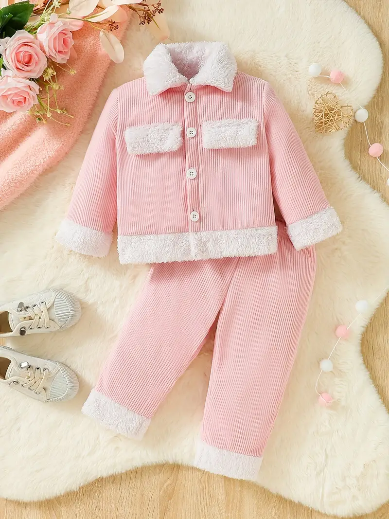 girls stylish turndown collar button corduroy coat trousers set toddler babys warm winter fall clothes details 7