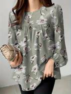floral print pleated crew neck blouse casual long sleeve blouse for spring fall womens clothing