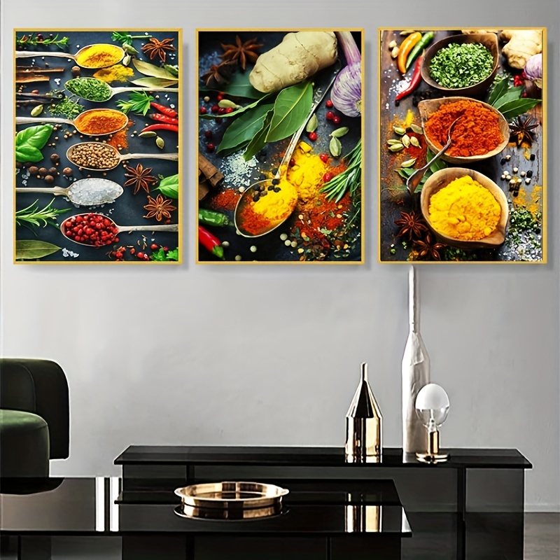 3pcs Imágenes de cocina para decoración de pared, impresiones de lienzo de  especias y cuchara, arte de pared de lienzo vintage, impresión de pintura