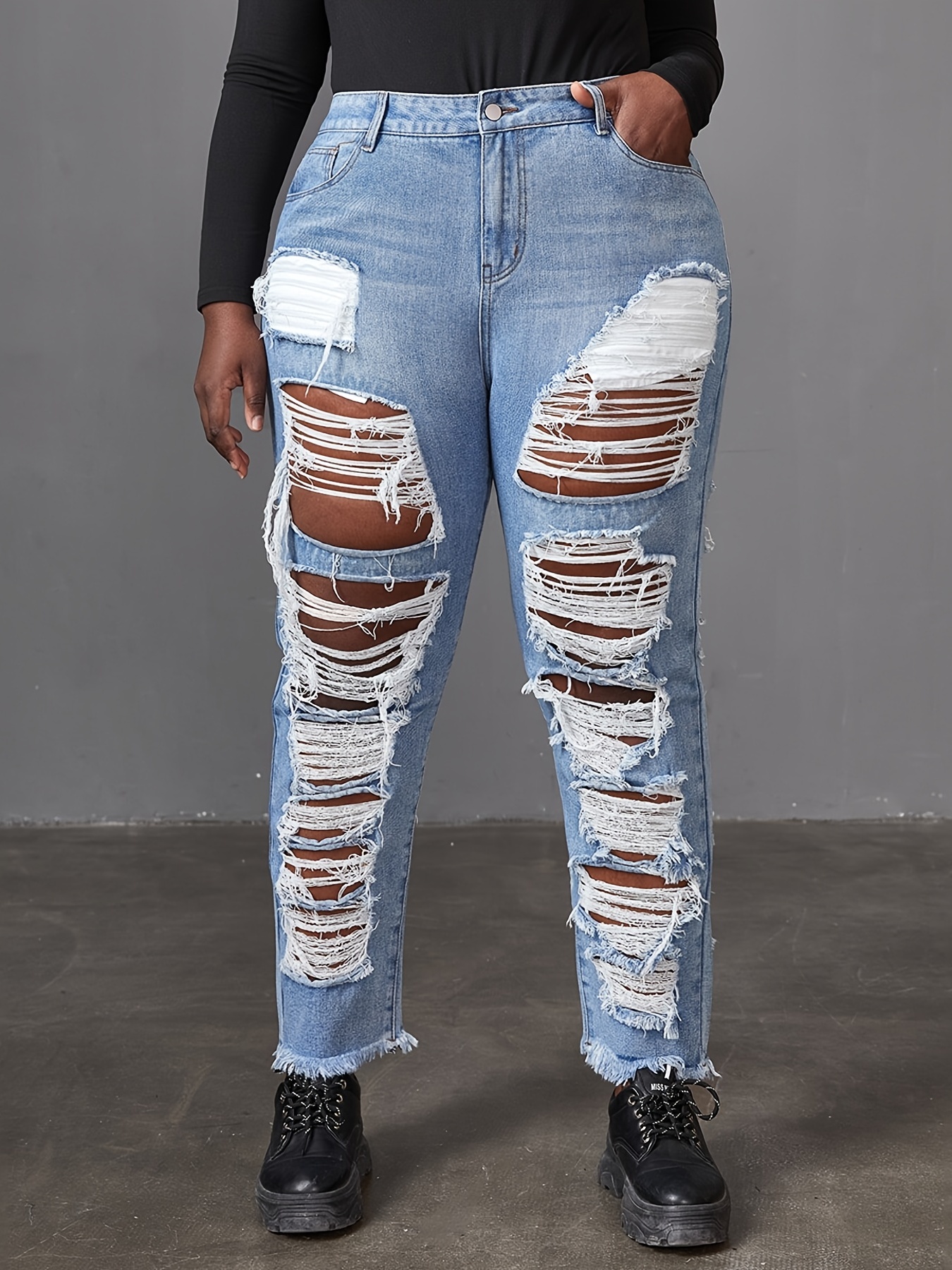 Plus Size Ripped High Straight Leg Jeans Women's Plus - Temu